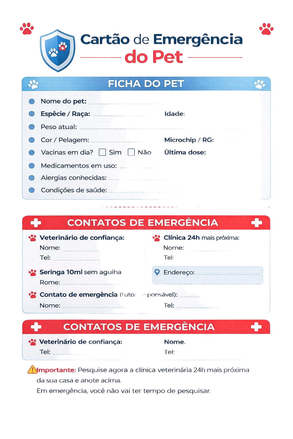 Cartão de Emergência do Pet